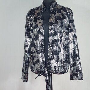 Chico's Black Silver Sequin Twilight Dazzle Tropez Poly Jacket Sz Chico 3 US XL